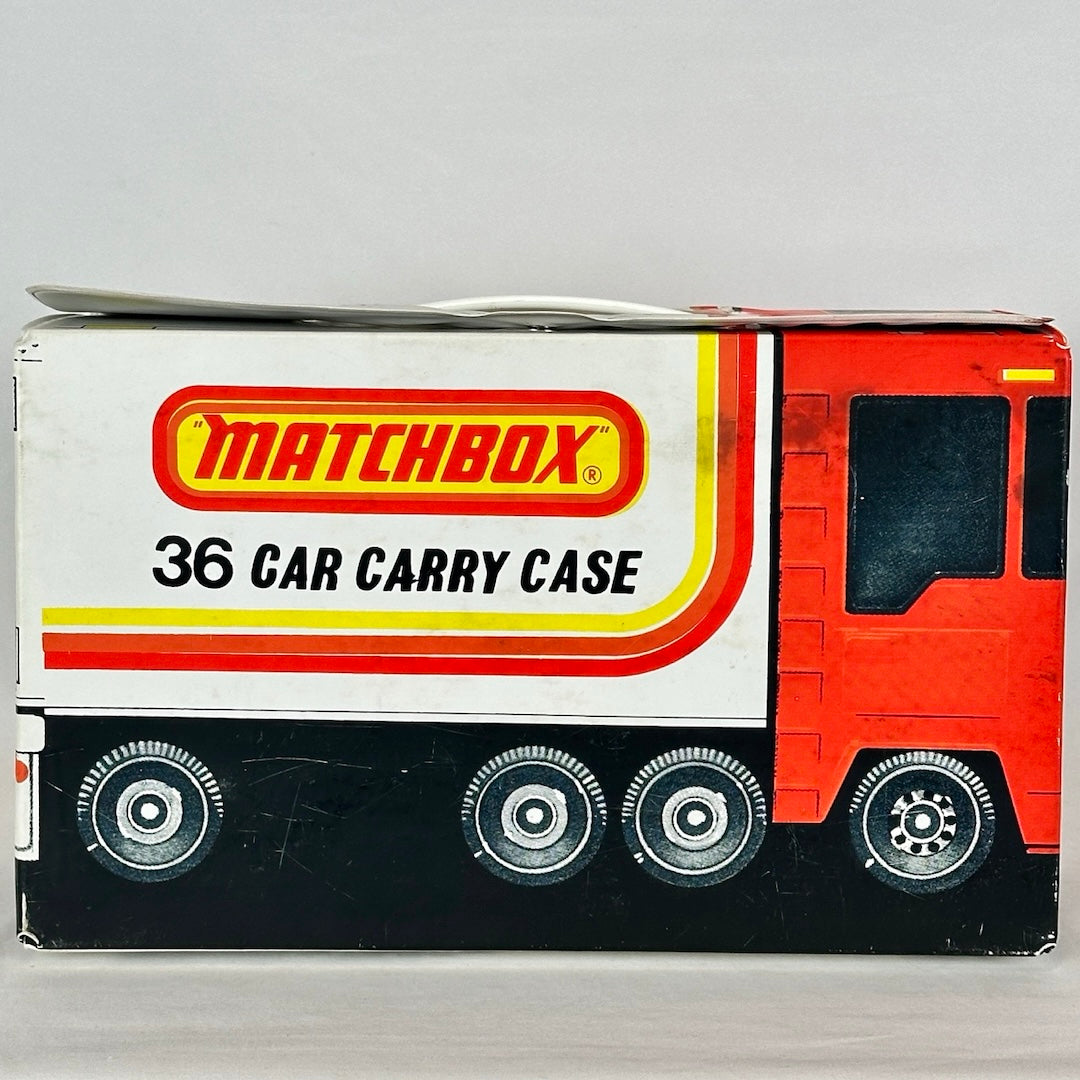 Other side of case printed to look like red transport truck with white trailer with Matchbox logo.