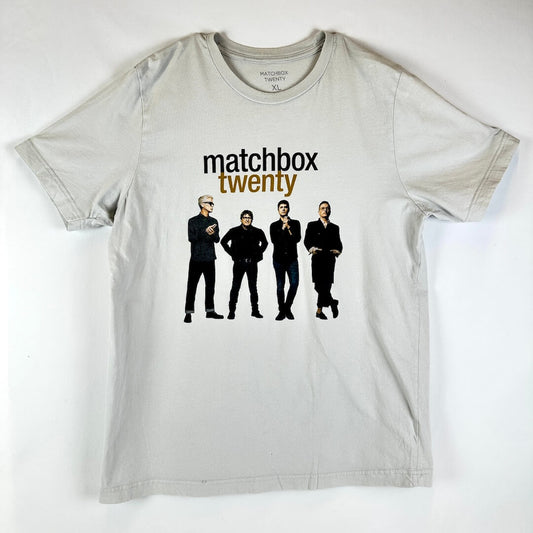 A light gray crewneck t-shirt featuring the band 'Matchbox Twenty' printed on the front, laid flat against a white background.