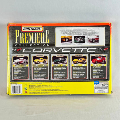 Matchbox Premiere Collection Corvette toy set box showing five different Corvette model cars on the back of the packaging.