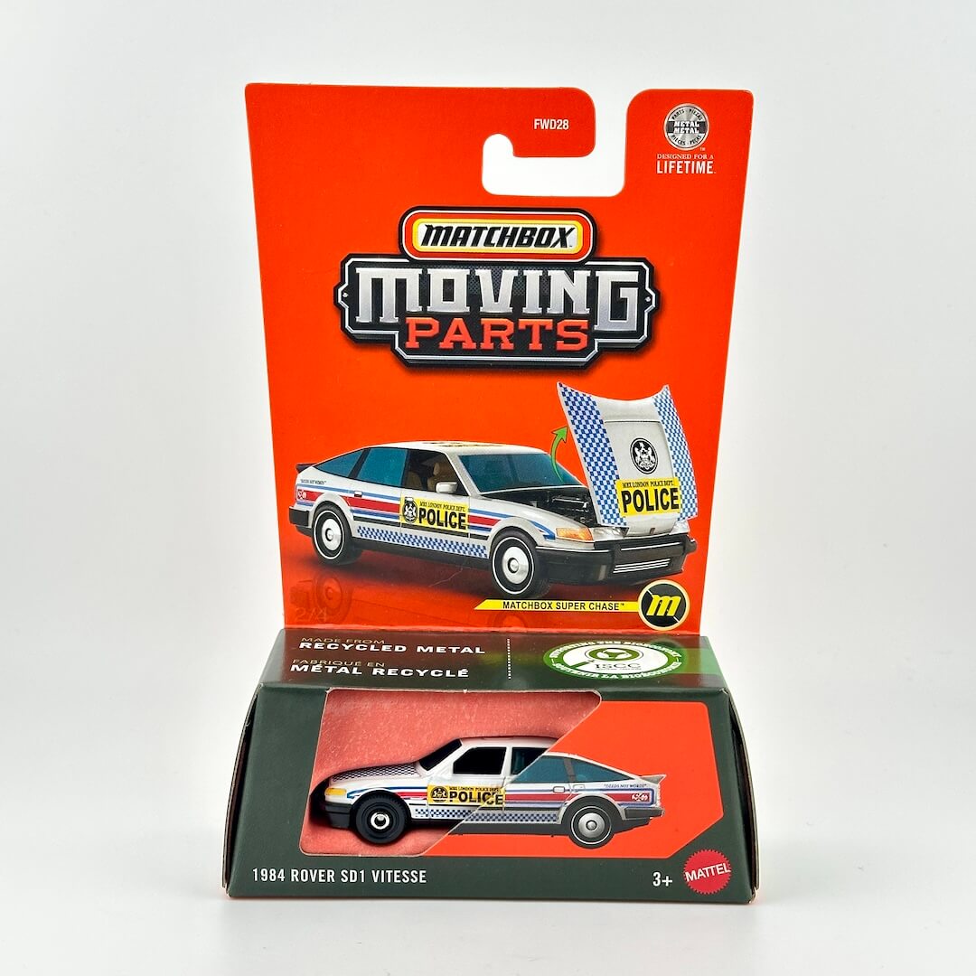 Matchbox Moving Parts 1984 Rover S1 Sdot Vitesse die-cast toy car in its original blister card packaging.