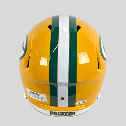 A Green Bay Packers football helmet shown from the back, featuring the team's signature yellow, green, and white color scheme.