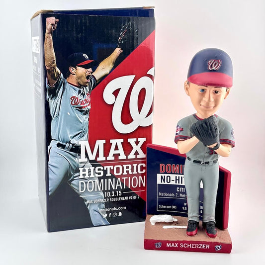 Max Scherzer bobblehead figure with packaging featuring a baseball player and text.
