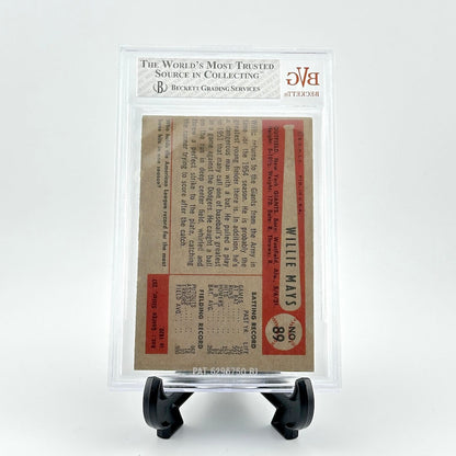 Baseball card of Willie Mays in a protective frame with Beckett Grading Services logo.