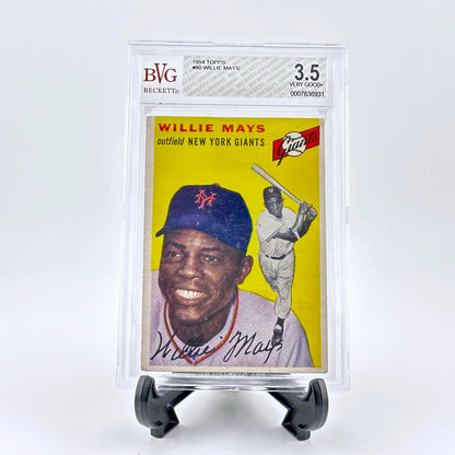 Baseball card for Willie Mays in clear plastic capsule on black easel against white background. 