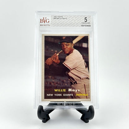 Baseball trading card of Willie Mays in a display case with BVG certification