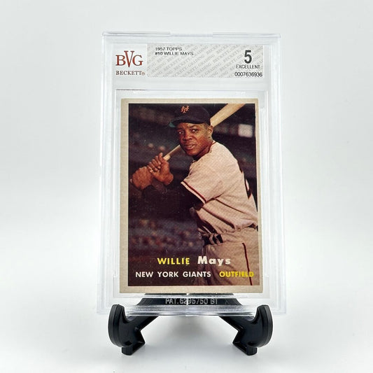 Baseball trading card of Willie Mays in a display case with BVG certification