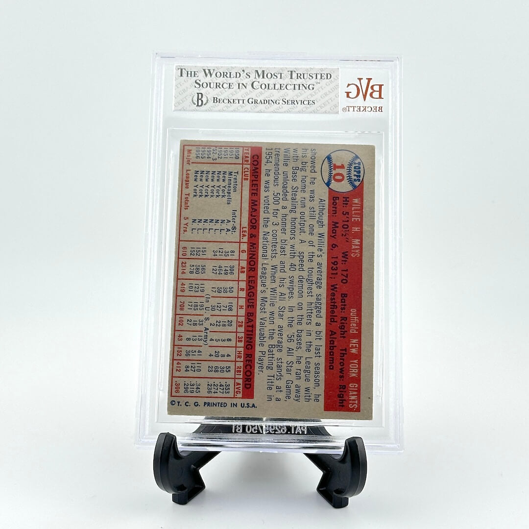Vintage baseball card in a protective display case on a white background