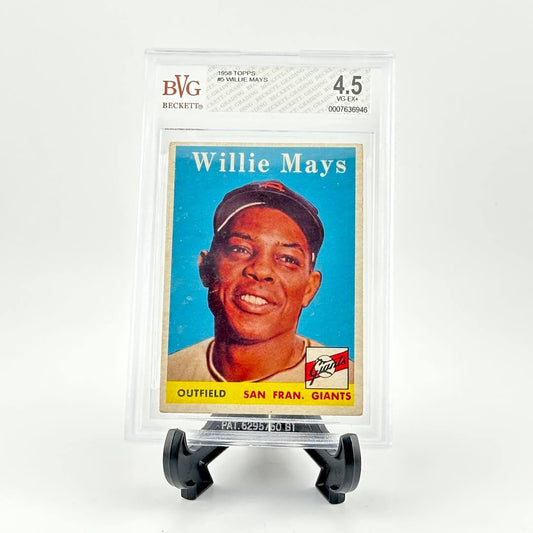 Baseball trading card of Willie Mays in a clear display case on a white background