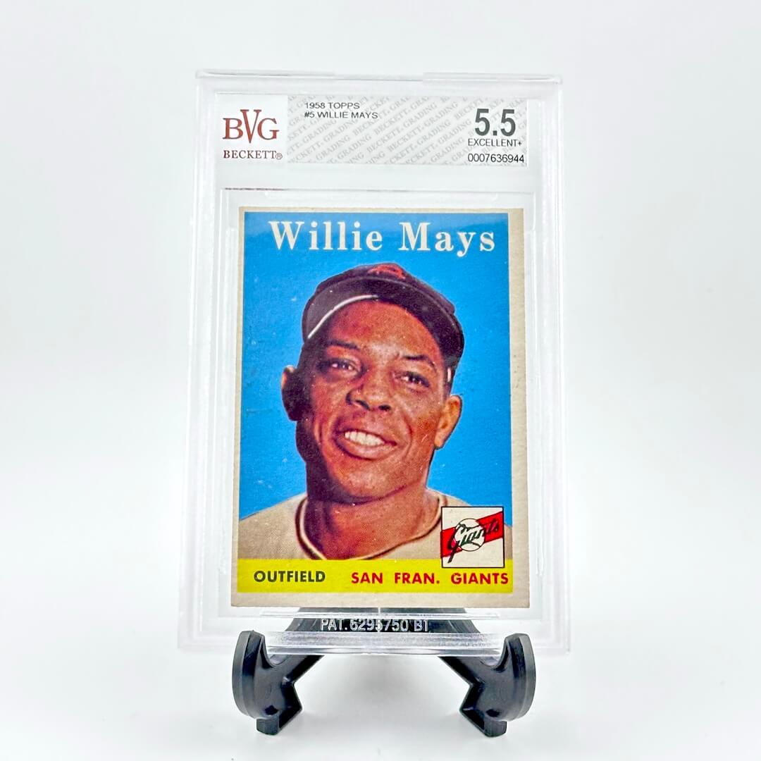 Baseball trading card of Willie Mays in a display case with BVG grading label.