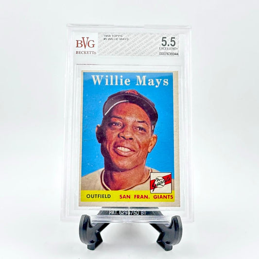 Baseball trading card of Willie Mays in a display case with BVG grading label.