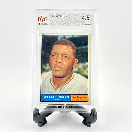 Baseball trading card of Willie Mays in a display case with BVG Beckett grading information.