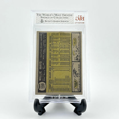 Vintage baseball card in a clear protective case with grading services label