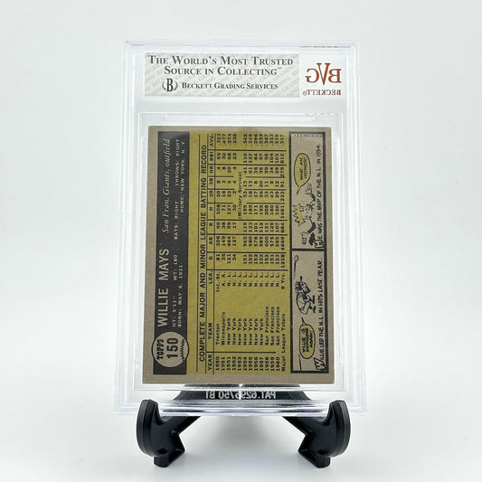 Vintage baseball card in a clear protective case with grading services label