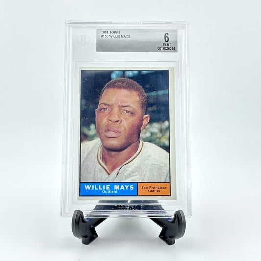 Baseball trading card of Willie Mays on a stand with a white background