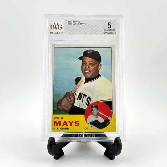 Baseball trading card of Willie Mays in a protective display case on a white background