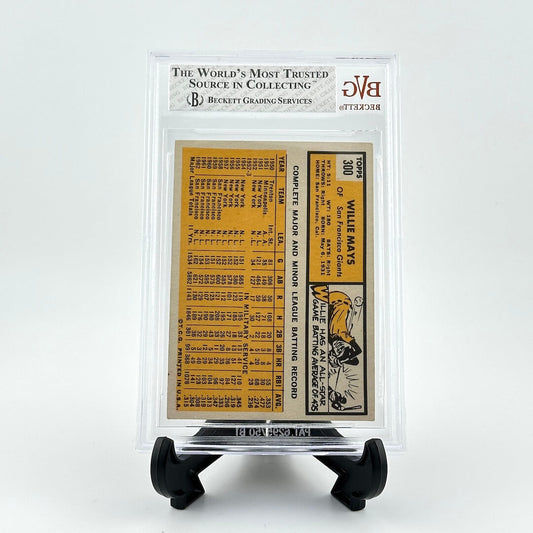 Vintage baseball trading card in a clear display case on a white background