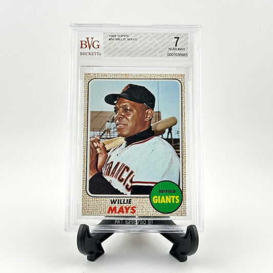 Baseball trading card of Willie Mays in a display case with BVG grading label.