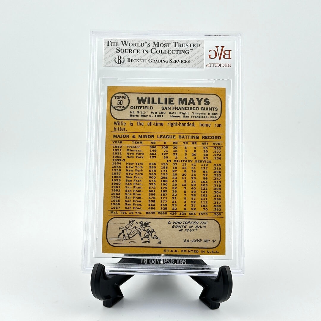 Vintage baseball trading card of Willie Mays in a clear display case on a white background