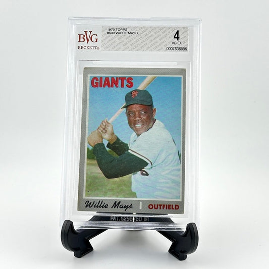 Baseball trading card of Willie Mays in a display case with BVG grading label.