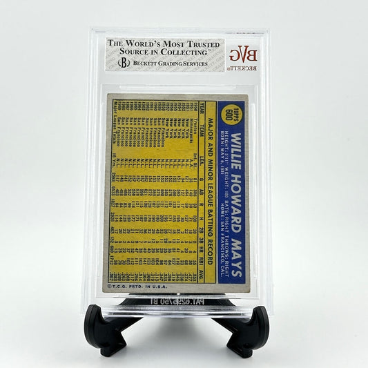 vintage baseball card with player statistics in protective plastic case on a white background