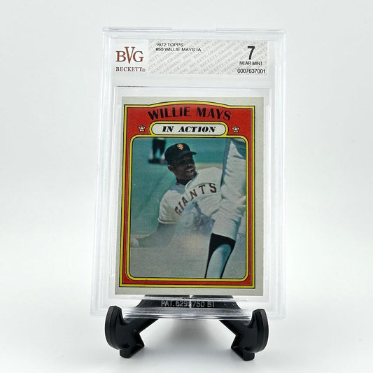 Baseball trading card of Willie Mays in a display case with BVG Beckett grading logo.