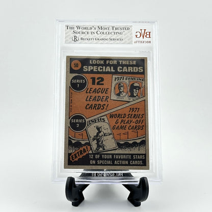 Vintage baseball trading card in a protective frame with BECG grading services label.