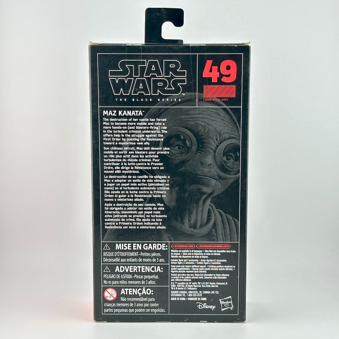 Star Wars The Black Series Maz Kanata figure box back view, showing the character portrait and product details.