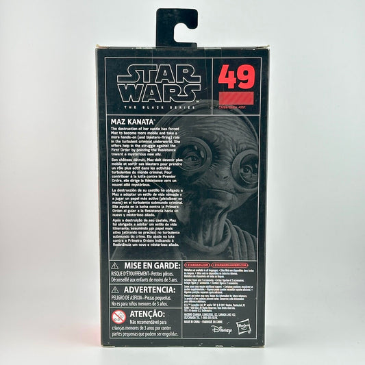 Star Wars The Black Series Maz Kanata figure box back view, showing the character portrait and product details.