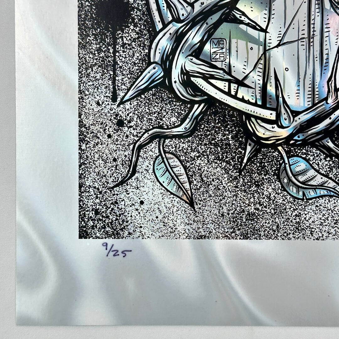 Bottom left corner of poster featuring poster number in mint condition. 