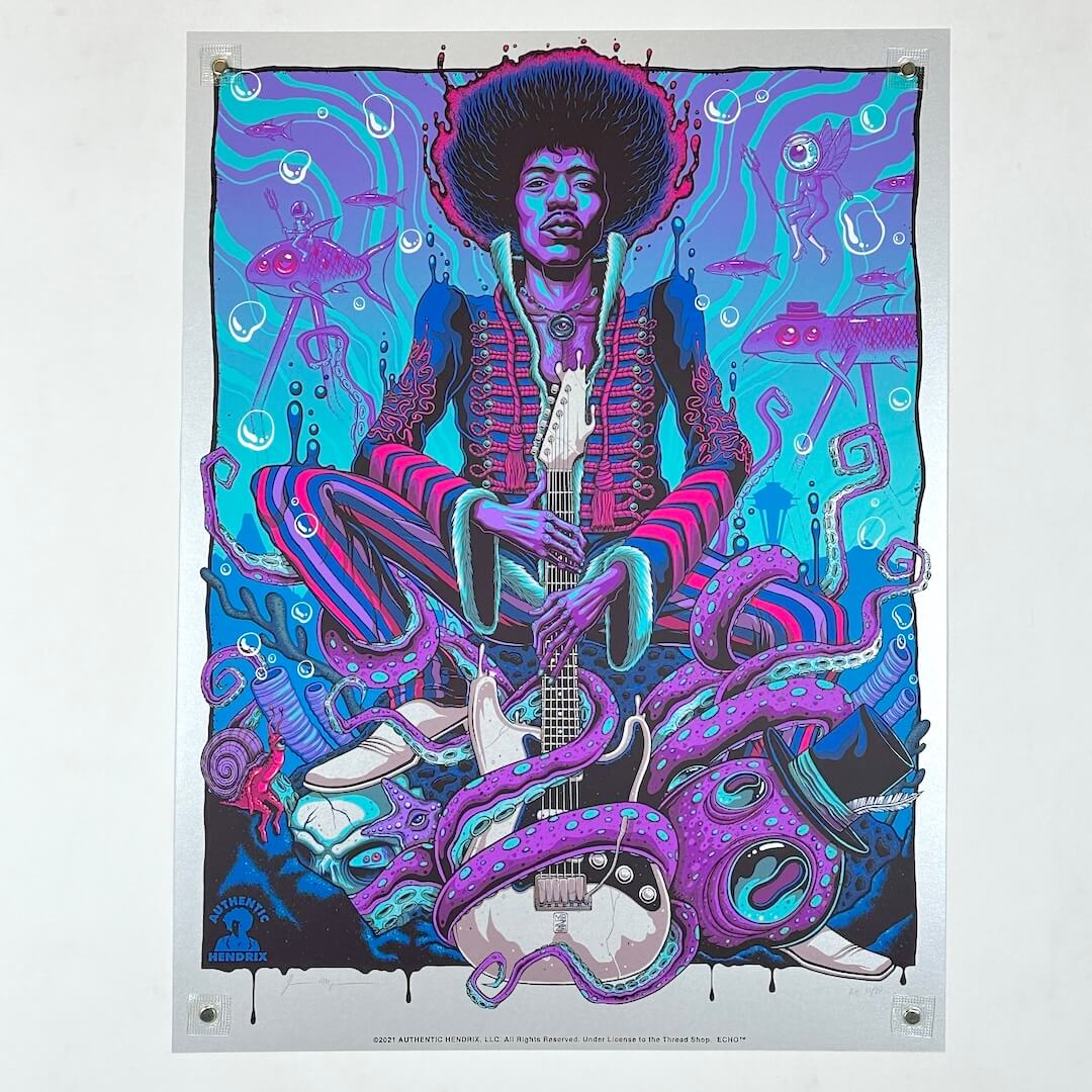 Colorful poster of a musician playing guitar with abstract nautical designs