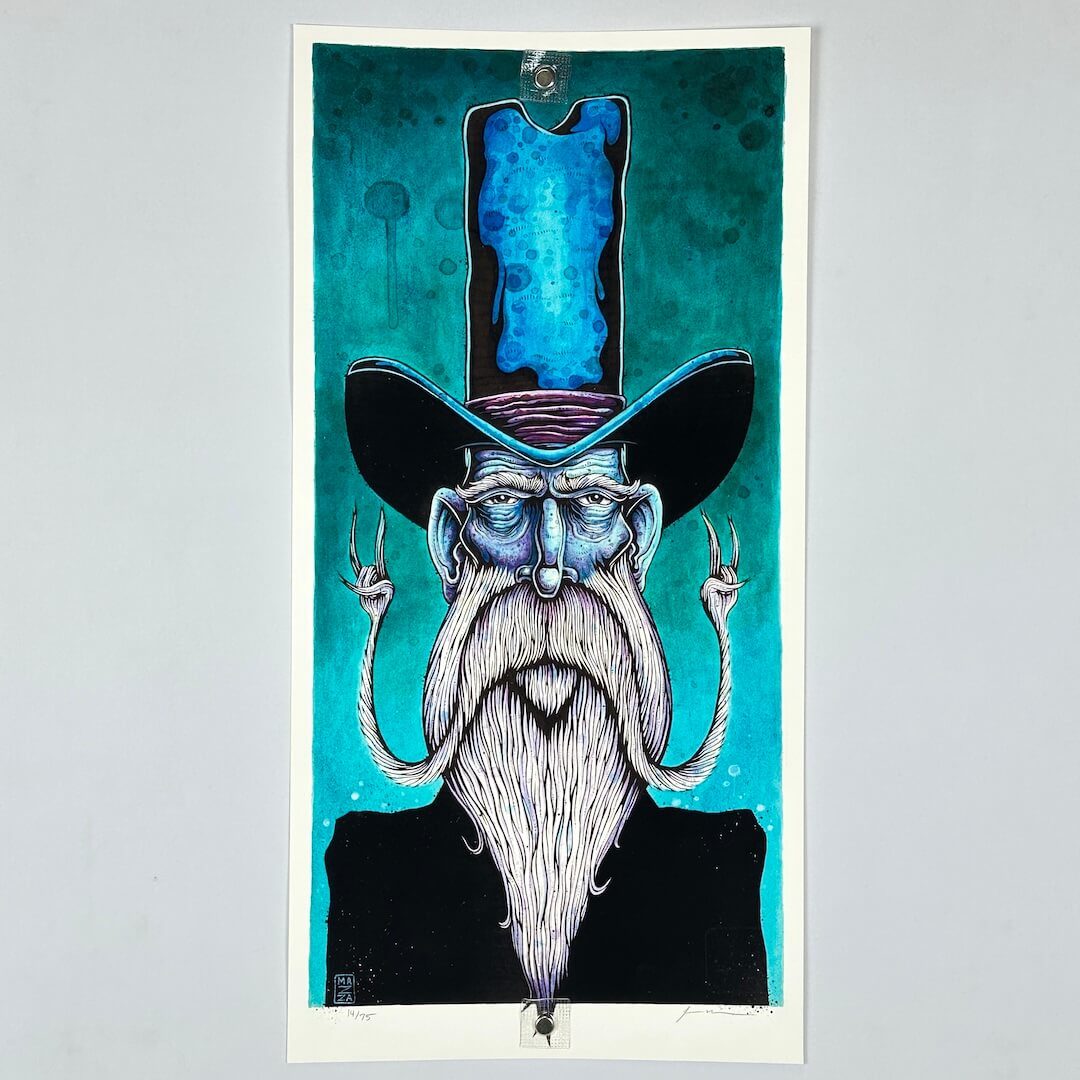 Artwork of man in top hat and long beard against blue background. 
