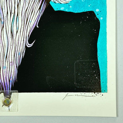 Bottom right corner with artist signature and embossing. 