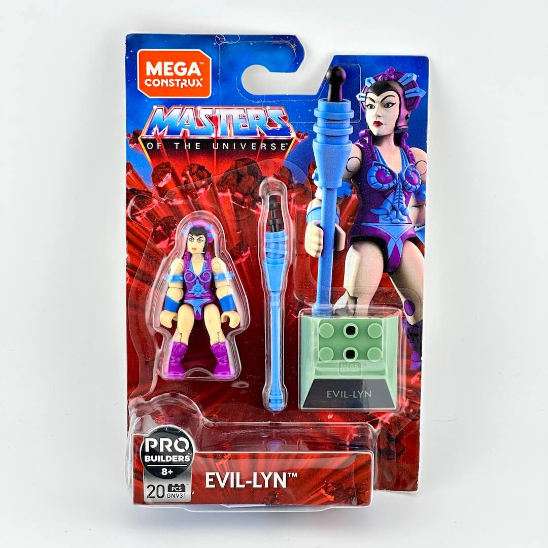 Mega Construx Masters of the Universe Evil-Lyn action figure in its original blister card packaging. 