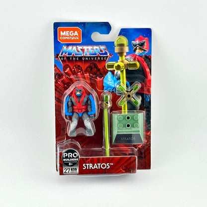 Masters of the Universe Mega Construx Stratos action figure in original blister card packaging with figure and accessories.