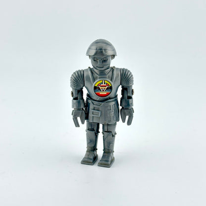 Toy robot figure with a visible logo on a white background