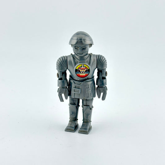 Toy robot figure with a visible logo on a white background