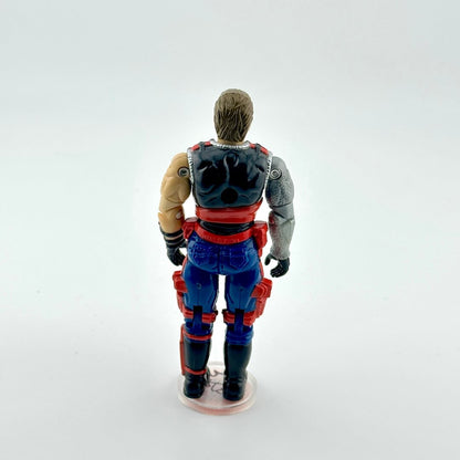Action figure with a blue and red outfit on a white background