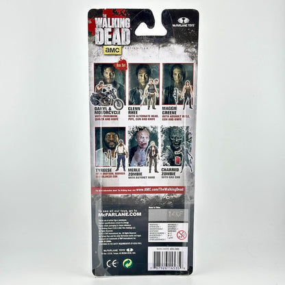 Back of a McFarlane Toys 'The Walking Dead' action figure blister card package, showing character photos and product details.