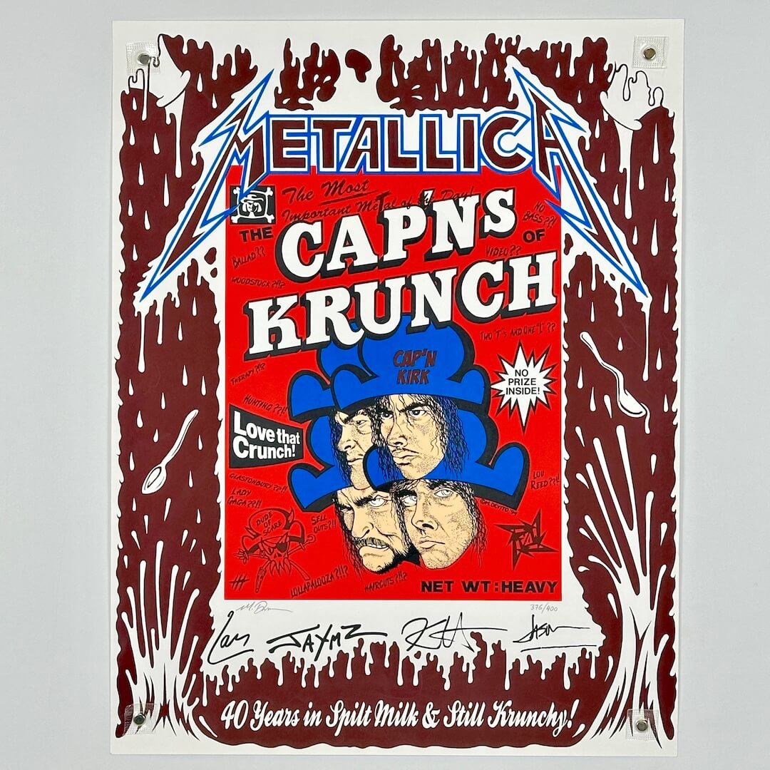 Metallica-themed Cap'n Krunch cereal box parody with artistic border