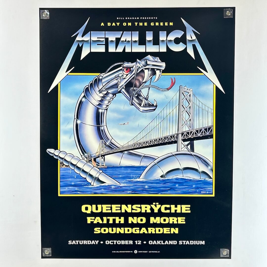 Metallica concert poster with snake sculpture and bridge, featuring Queensryche, Faith No More, and Soundgarden.