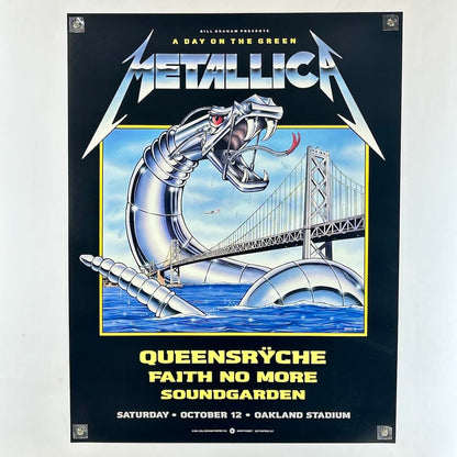 Metallica concert poster with snake sculpture and bridge, featuring Queensryche, Faith No More, and Soundgarden.