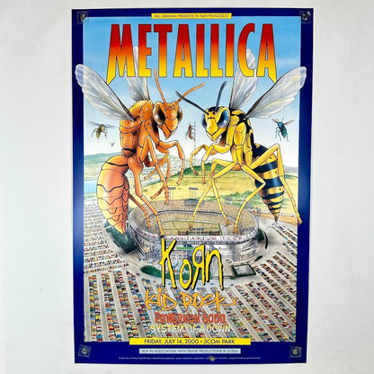 Concert poster for Metallica, Korn, and others with illustrated wasps and stadium.
