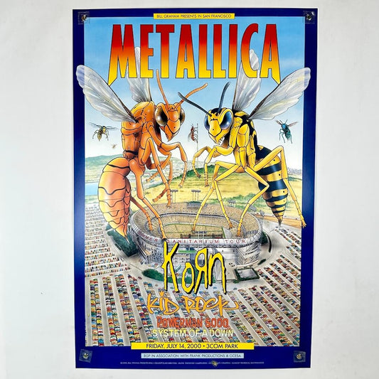 Concert poster for Metallica, Korn, and others with illustrated wasps and stadium.