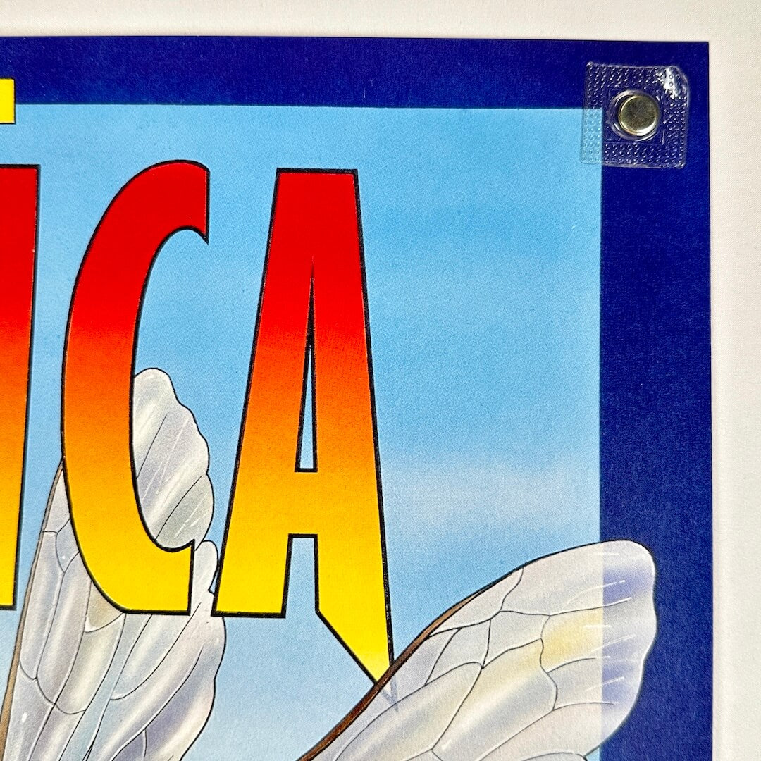 Colorful sign with 'ICA' and a bee illustration on a blue background