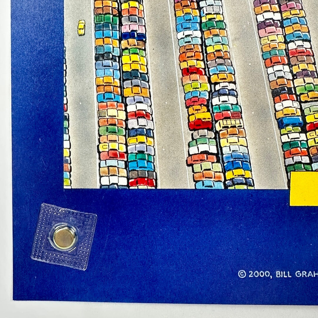 Colorful mosaic pattern on a blue background with a signature at the bottom right corner.