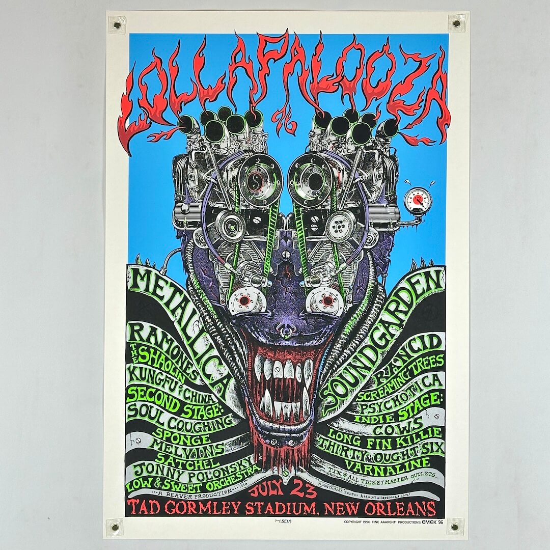 Poster for a concert featuring a dragon-like creature with mechanical elements, set against a blue background.