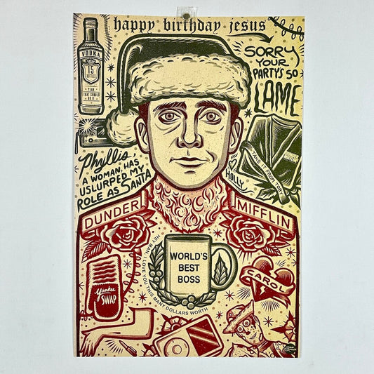 Art print featuring a stylized portrait of Michael Scott in a Santa hat, surrounded by humorous doodles.