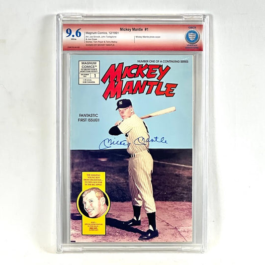 A graded, signed Mickey Mantle comic book in a clear plastic protective case. The comic features Mickey Mantle on the cover and is graded a 9.6.