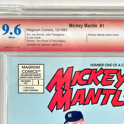 A graded copy of Mickey Mantle #1 Magnum Comics comic book from December 1991, encapsulated in a clear plastic grading case. 