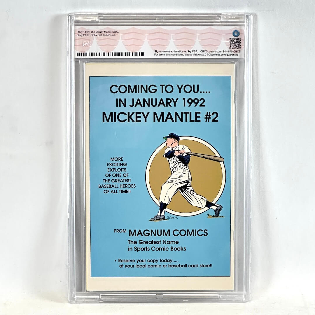 A graded comic card in a clear plastic protective case, featuring a light blue card with black text reading 'Coming to You.